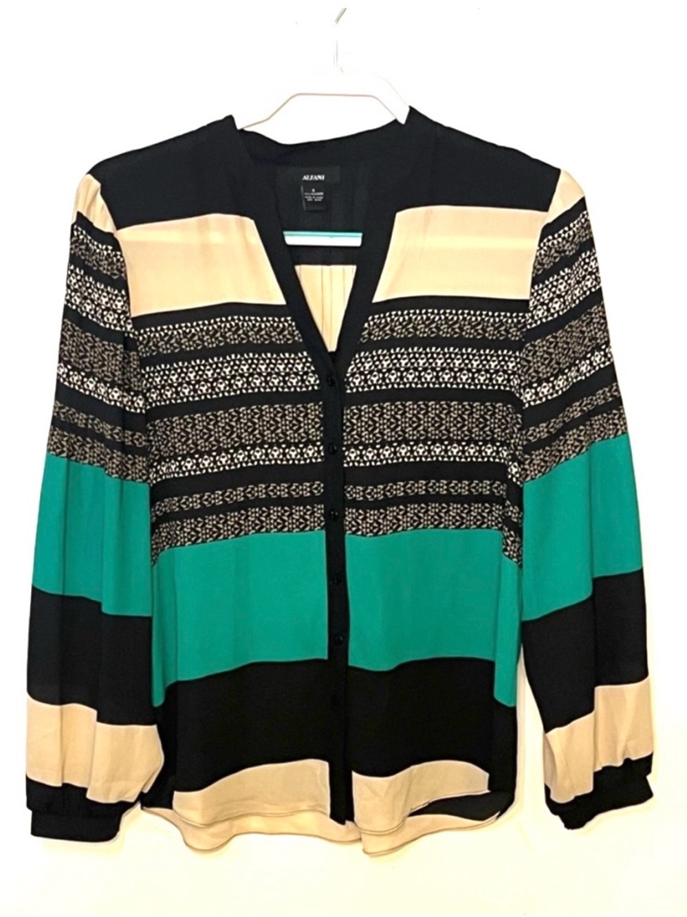 Alfani Black, Teal & Cream Striped Button-Front Blouse. Size 8. EUC.